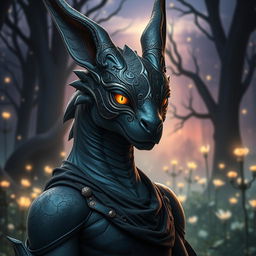 An adult dragon in human form, wearing an elegant black rabbit mask