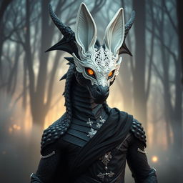 An adult black dragon in human form, wearing an elegant white rabbit mask