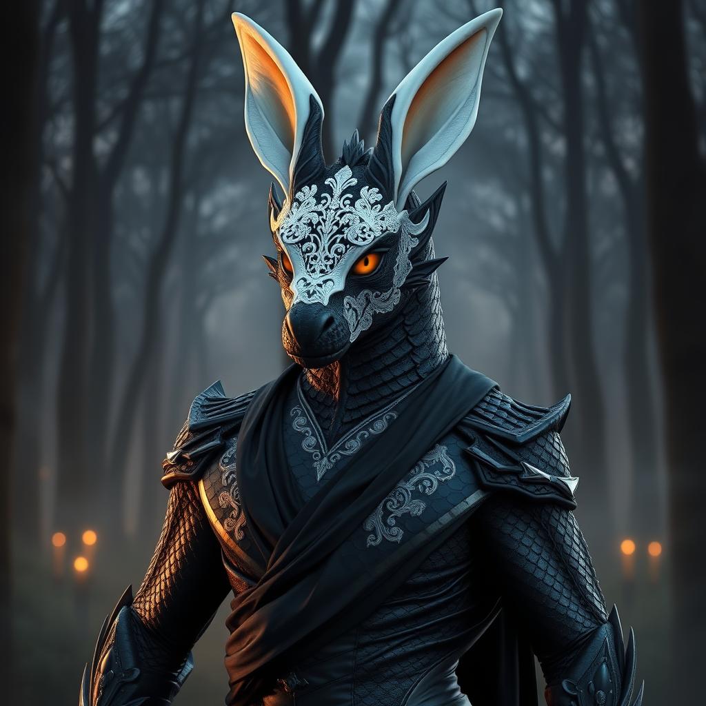 An adult black dragon in human form, wearing an elegant white rabbit mask