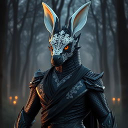 An adult black dragon in human form, wearing an elegant white rabbit mask