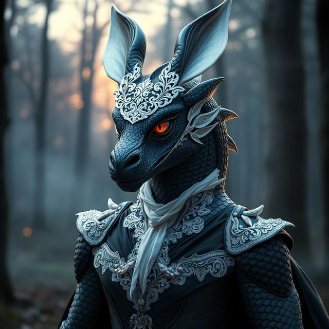 An adult black dragon in human form, wearing an elegant white rabbit mask