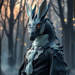 An adult black dragon in human form, wearing an elegant white rabbit mask