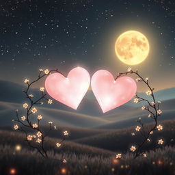 A romantic and whimsical scene symbolizing 'Connected Hearts: A Journey of Fate and Love'