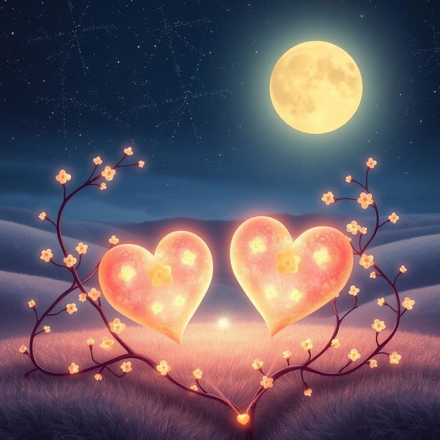 A romantic and whimsical scene symbolizing 'Connected Hearts: A Journey of Fate and Love'