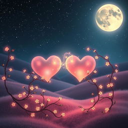 A romantic and whimsical scene symbolizing 'Connected Hearts: A Journey of Fate and Love'