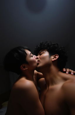 A shadowy and gloomy bedroom illuminated by fluorescent lighting, featuring two people in an intimate moment, sharing a passionate kiss