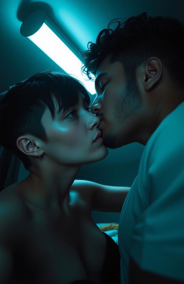 A shadowy and gloomy bedroom illuminated by fluorescent lighting, featuring two people in an intimate moment, sharing a passionate kiss