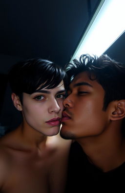 A shadowy and gloomy bedroom illuminated by fluorescent lighting, featuring two people in an intimate moment, sharing a passionate kiss