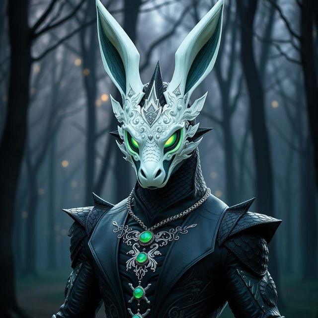 An adult black dragon in human form, wearing an exquisite white rabbit mask