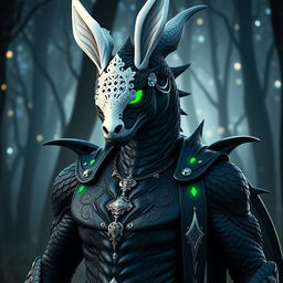 An adult black dragon in human form, wearing an exquisite white rabbit mask