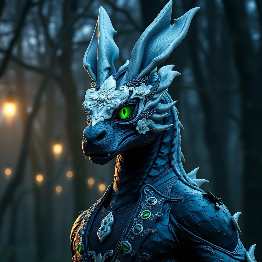 An adult black dragon in human form, wearing an exquisite white rabbit mask