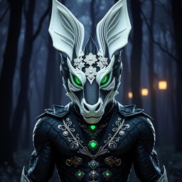 An adult black dragon in human form, wearing an exquisite white rabbit mask
