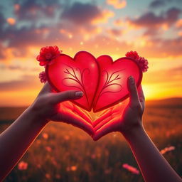 A beautiful, romantic scene depicting two hearts intertwined, symbolizing deep connection and love