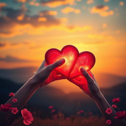 A beautiful, romantic scene depicting two hearts intertwined, symbolizing deep connection and love