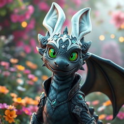 An adult black dragon in human form, wearing a friendly and whimsical white rabbit mask