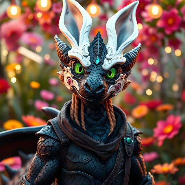 An adult black dragon in human form, wearing a friendly and whimsical white rabbit mask