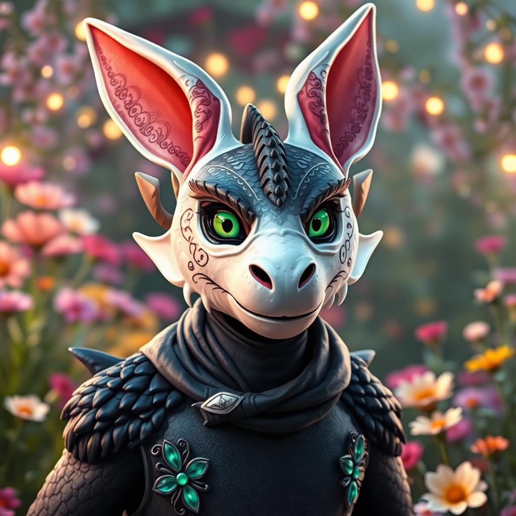 An adult black dragon in human form, wearing a friendly and whimsical white rabbit mask