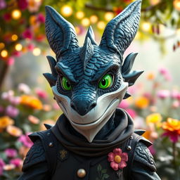 An adult black dragon in human form, wearing a friendly and whimsical white rabbit mask