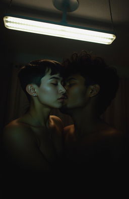A shadowy and gloomy bedroom illuminated by fluorescent lighting, featuring two people in an intimate moment of kissing