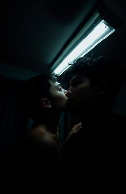 A shadowy and gloomy bedroom illuminated by fluorescent lighting, featuring two people in an intimate moment of kissing