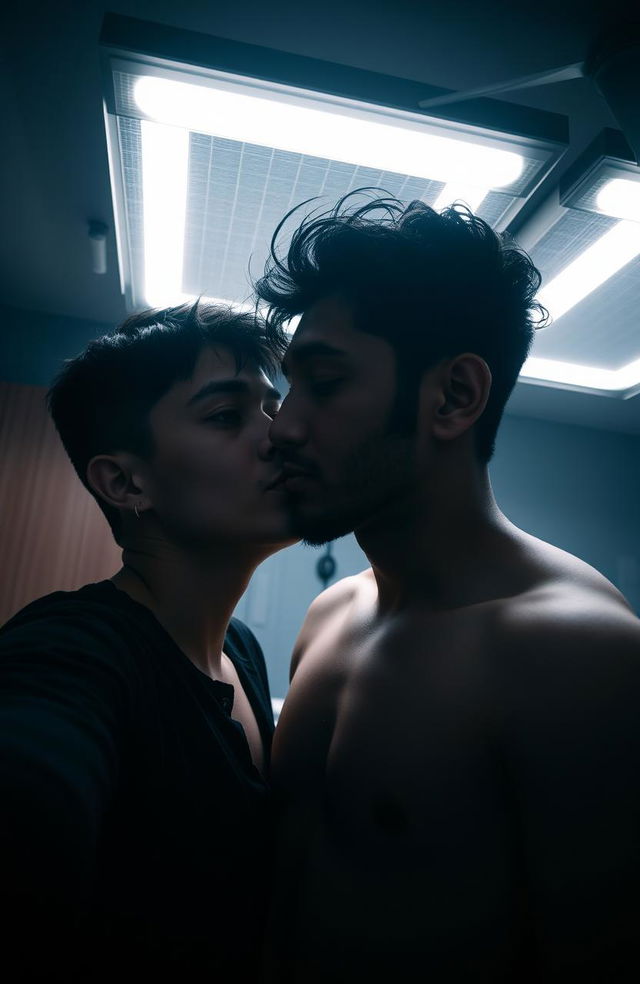 A shadowy and gloomy bedroom illuminated by fluorescent lighting, featuring two people in an intimate moment of kissing