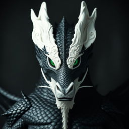 A powerful adult black dragon in human form, featuring striking emerald green eyes that exude confidence and wisdom