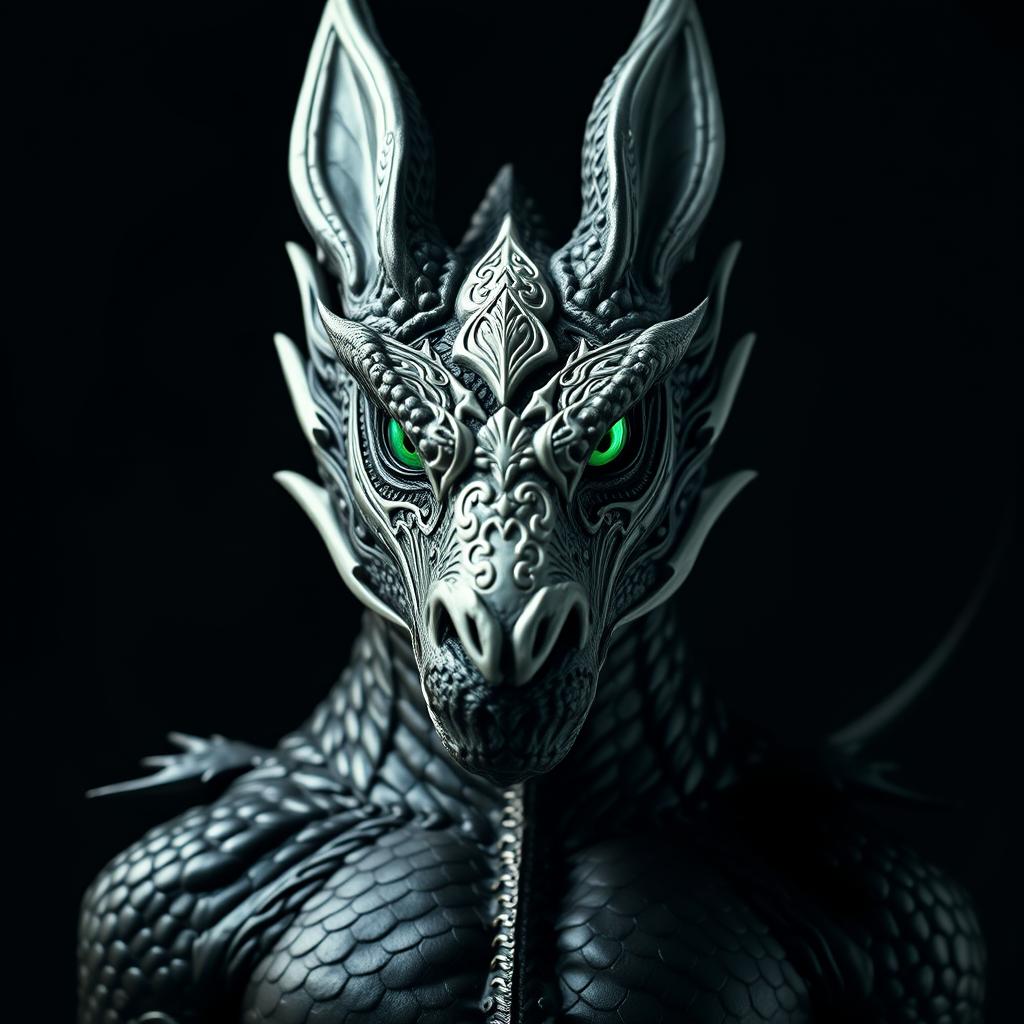 A powerful adult black dragon in human form, featuring striking emerald green eyes that exude confidence and wisdom