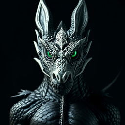 A powerful adult black dragon in human form, featuring striking emerald green eyes that exude confidence and wisdom