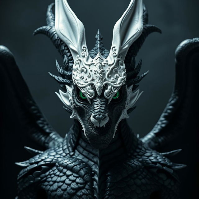 A powerful adult black dragon in human form, featuring striking emerald green eyes that exude confidence and wisdom