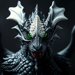 A powerful adult black dragon in human form, featuring striking emerald green eyes that exude confidence and wisdom
