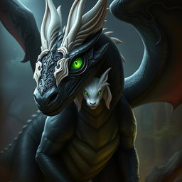 A striking adult black dragon in human form, showcasing vibrant emerald green eyes that sparkle with depth and intelligence