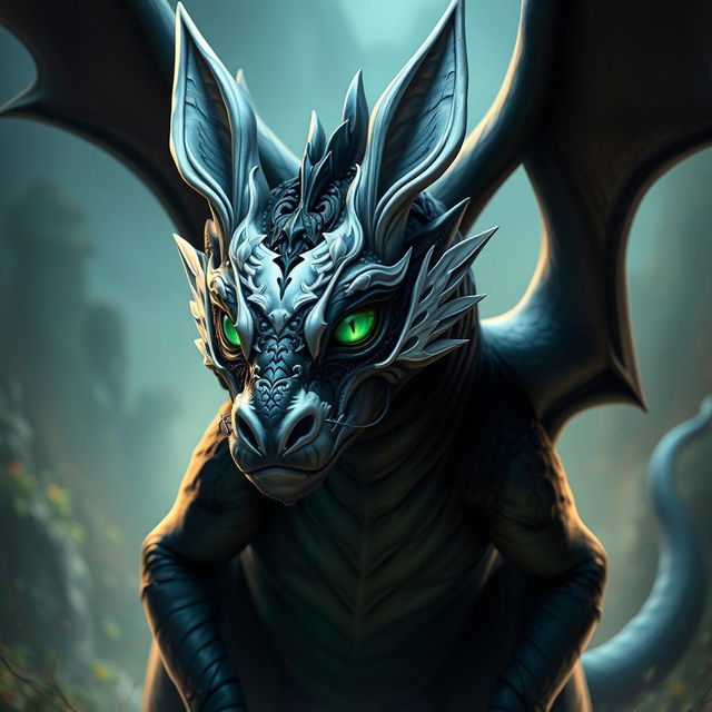 A striking adult black dragon in human form, showcasing vibrant emerald green eyes that sparkle with depth and intelligence