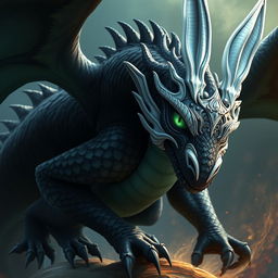 A striking adult black dragon in human form, showcasing vibrant emerald green eyes that sparkle with depth and intelligence