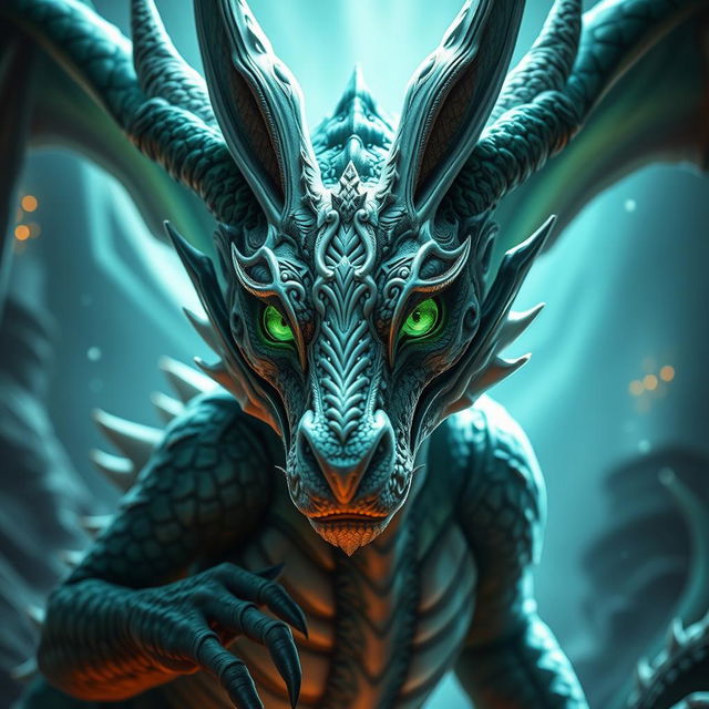 An enchanting adult dragon in human form, characterized by mesmerizing emerald green eyes that shine with allure and wisdom