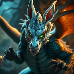 An enchanting adult dragon in human form, characterized by mesmerizing emerald green eyes that shine with allure and wisdom