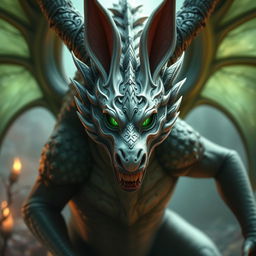 An enchanting adult dragon in human form, characterized by mesmerizing emerald green eyes that shine with allure and wisdom