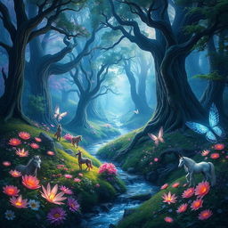 A stunning fantasy landscape featuring a mystical forest filled with luminescent flowers and towering ancient trees, with soft ethereal light filtering through the foliage, a crystal-clear stream flowing peacefully, and mythical creatures such as fairies and unicorns roaming freely