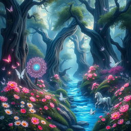 A stunning fantasy landscape featuring a mystical forest filled with luminescent flowers and towering ancient trees, with soft ethereal light filtering through the foliage, a crystal-clear stream flowing peacefully, and mythical creatures such as fairies and unicorns roaming freely