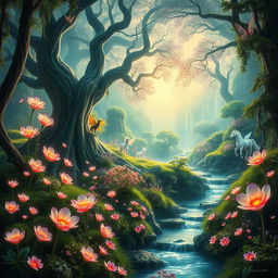 A stunning fantasy landscape featuring a mystical forest filled with luminescent flowers and towering ancient trees, with soft ethereal light filtering through the foliage, a crystal-clear stream flowing peacefully, and mythical creatures such as fairies and unicorns roaming freely