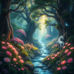 A stunning fantasy landscape featuring a mystical forest filled with luminescent flowers and towering ancient trees, with soft ethereal light filtering through the foliage, a crystal-clear stream flowing peacefully, and mythical creatures such as fairies and unicorns roaming freely