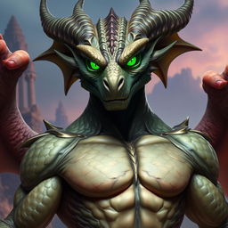 A majestic Dragonborn in human form, characterized by striking emerald green eyes that glimmer with wisdom and strength
