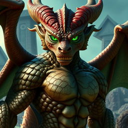 A majestic Dragonborn in human form, characterized by striking emerald green eyes that glimmer with wisdom and strength