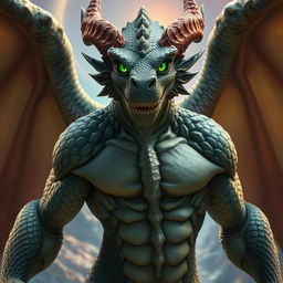 A majestic Dragonborn in human form, characterized by striking emerald green eyes that glimmer with wisdom and strength