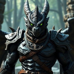 A formidable Black Dragonborn in human form, showcasing striking emerald green eyes that convey strength and determination