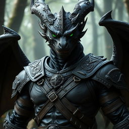 A formidable Black Dragonborn in human form, showcasing striking emerald green eyes that convey strength and determination