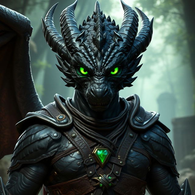 A formidable Black Dragonborn in human form, showcasing striking emerald green eyes that convey strength and determination