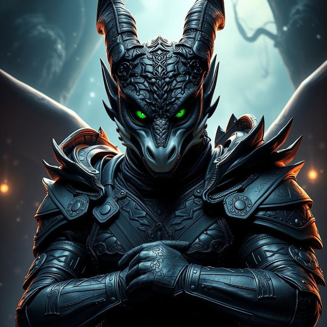 A striking Black Dragonborn in human form, featuring captivating emerald green eyes that radiate power and intelligence