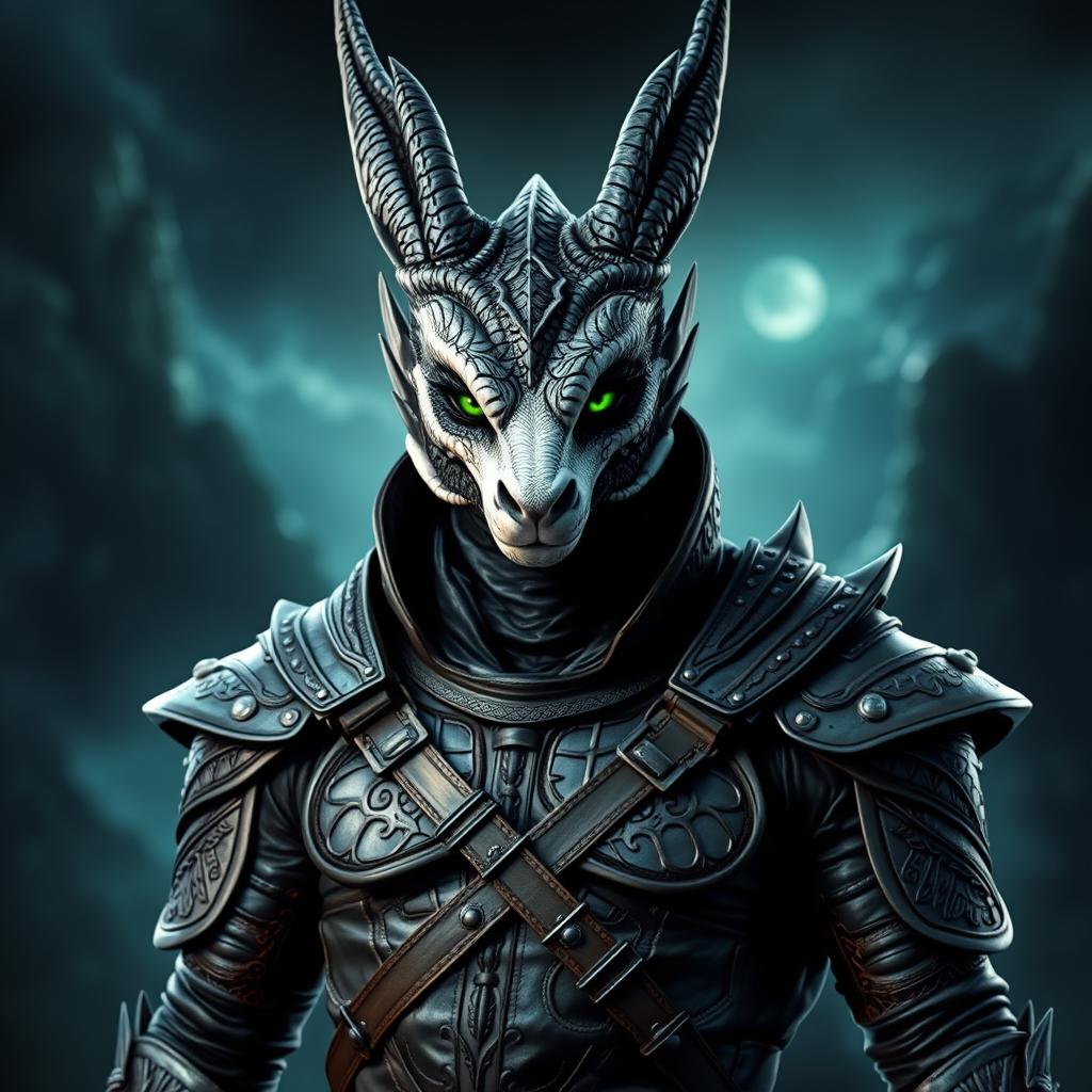 A striking Black Dragonborn in human form, featuring captivating emerald green eyes that radiate power and intelligence