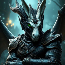 A striking Black Dragonborn in human form, featuring captivating emerald green eyes that radiate power and intelligence