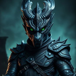 A striking Black Dragonborn in human form, featuring captivating emerald green eyes that exude strength and intelligence